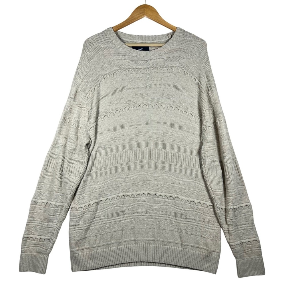 Hollister Coogi Style 3D Textured‎ Knit Crew Neck Sweater Mens Beige Oatmeal L